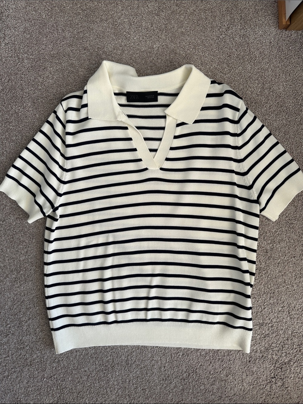 Zara Cream and Black Striped Short-Sleeve Polo Knit Top